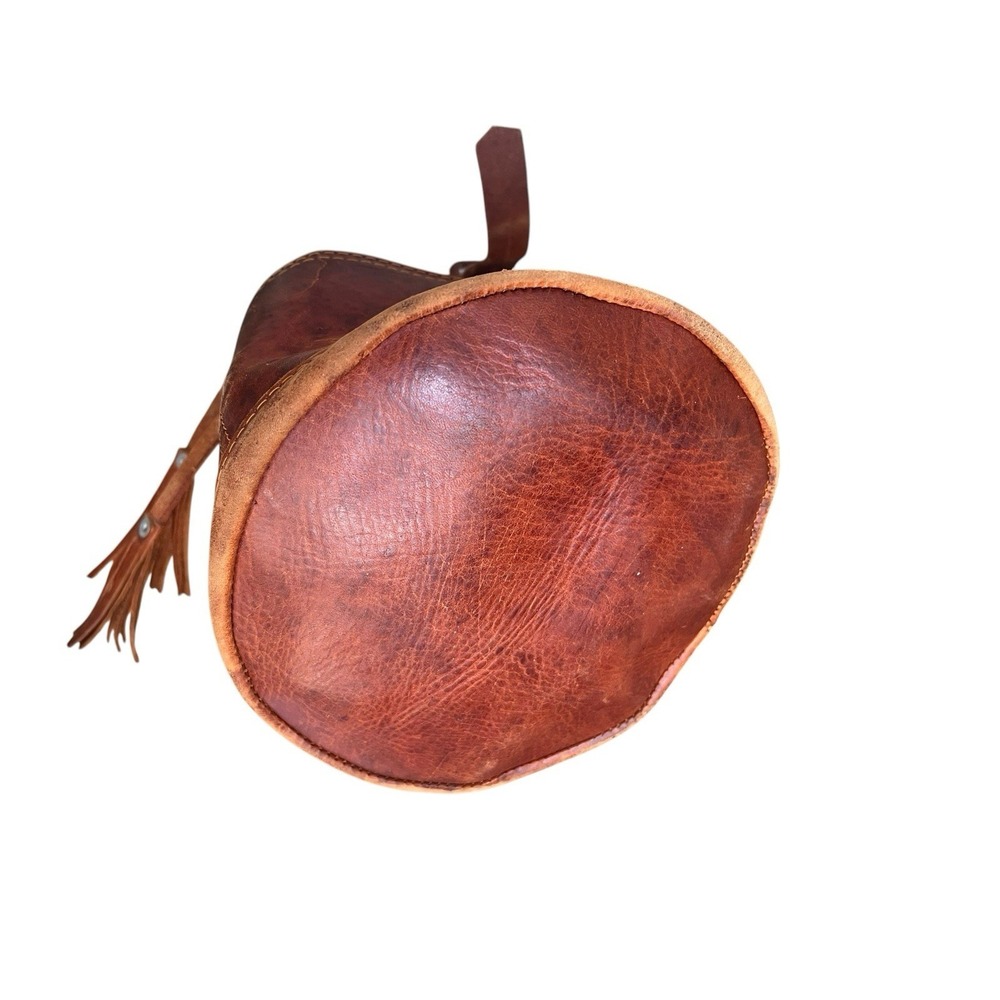 Vintage Genuine Leather Bucket Bag Distressed Leather Drawstring Front Pockets - Picture 8 of 16